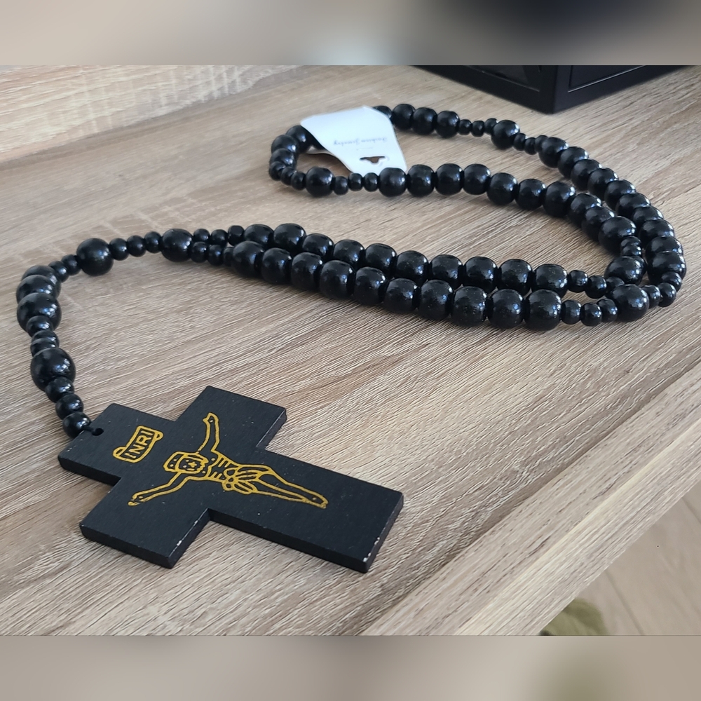 XL Rosary, Our Father Prayer Rosary Cross, Black Beaded Cross Necklace, Religion